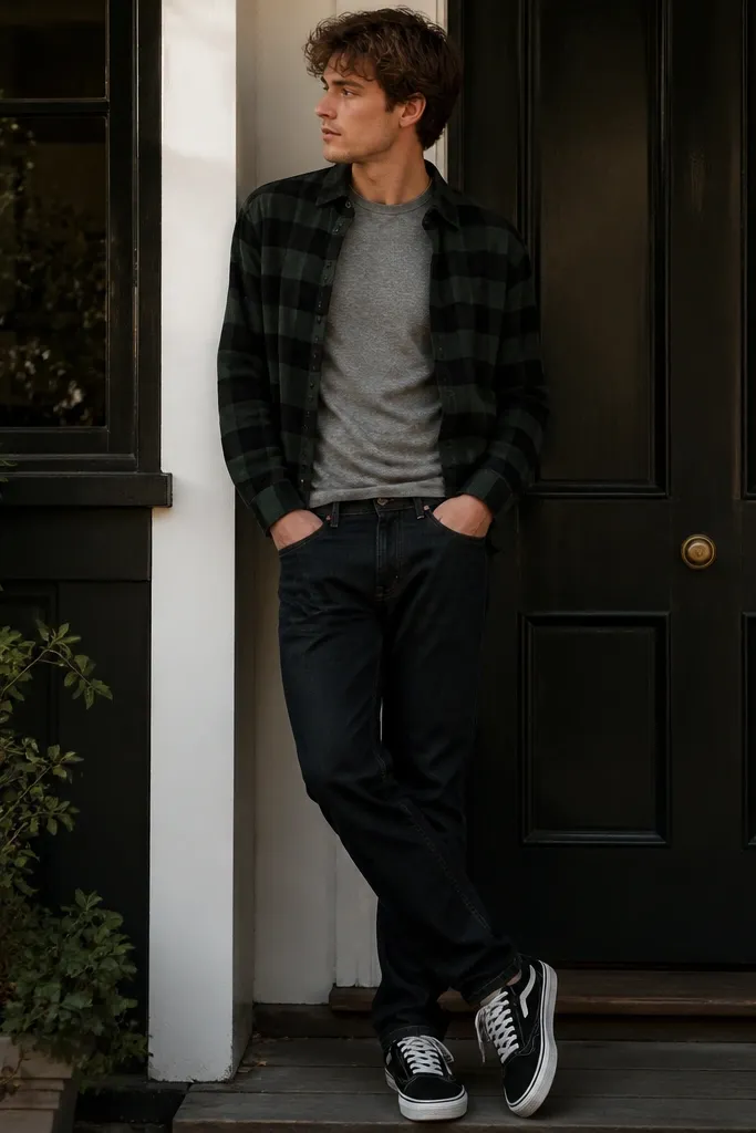 A dark green-and-black check flannel overshirt worn open over a fitted heather-gray T-shirt, paired with dark-wash straight denim and black-and-white sneakers; the overshirt hem sits above the belt line.