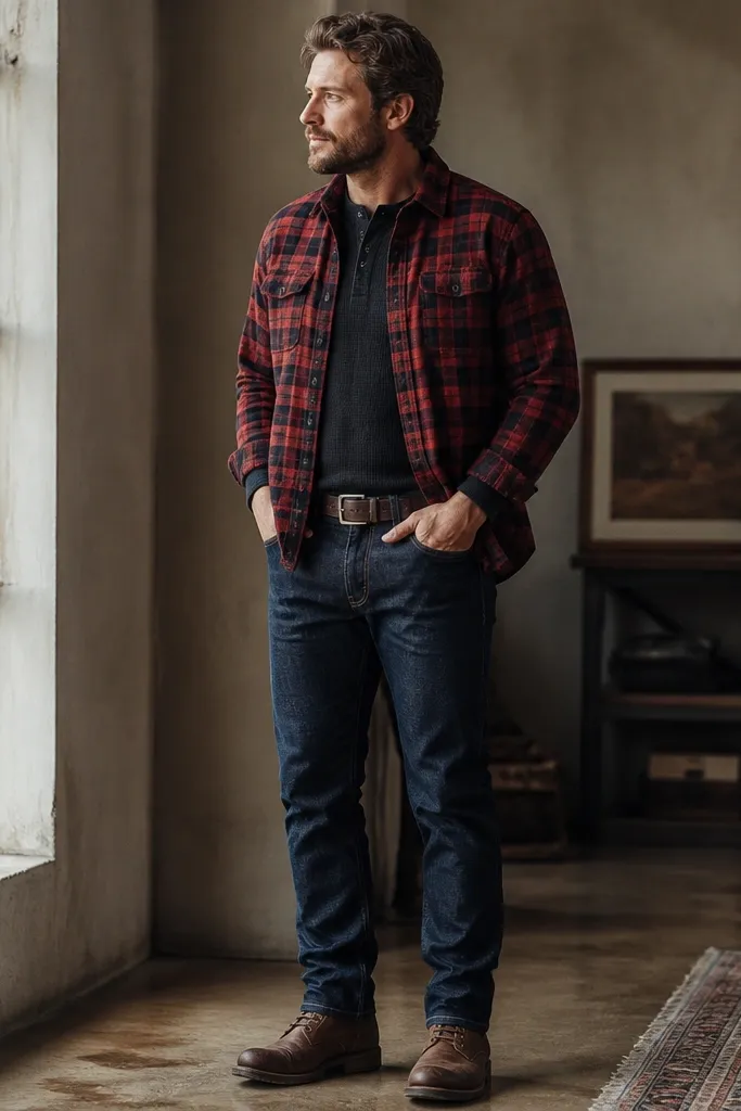 A red flannel button-up layered over a black thermal, tucked into dark indigo jeans with a slight break at the ankle; brown leather work boots complete the look.