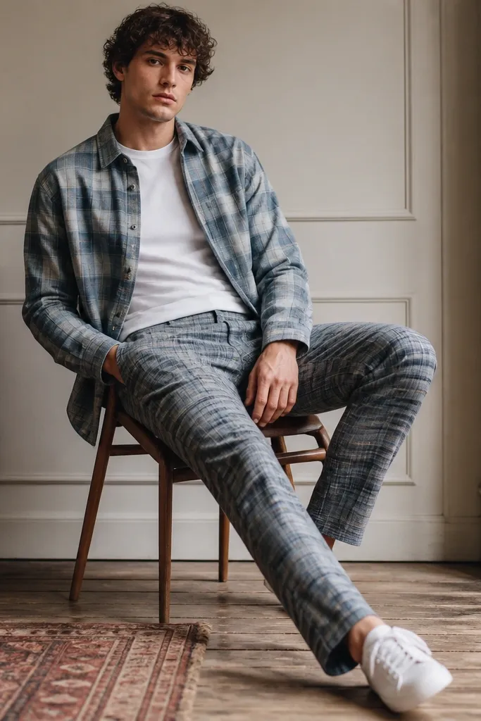 A coordinated outfit featuring a blue-gray plaid flannel shirt and plaid-pattern trousers in the same muted tone, styled with a simple white tee underneath and clean sneakers.