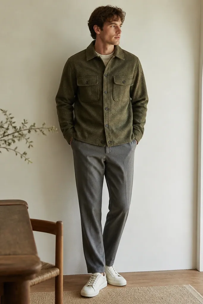 An olive flannel jacket with two chest pockets worn over a light knit sweater, paired with straight gray trousers and white sneakers; the jacket is buttoned and the collar sits neatly.