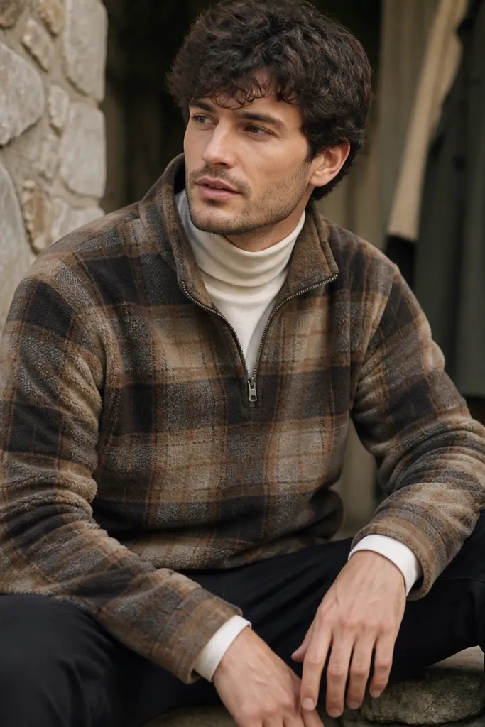 A half-zip flannel pullover in muted plaid worn over a long-sleeve mock neck top; dark joggers and a long coat-like outer layer are visible in the background.