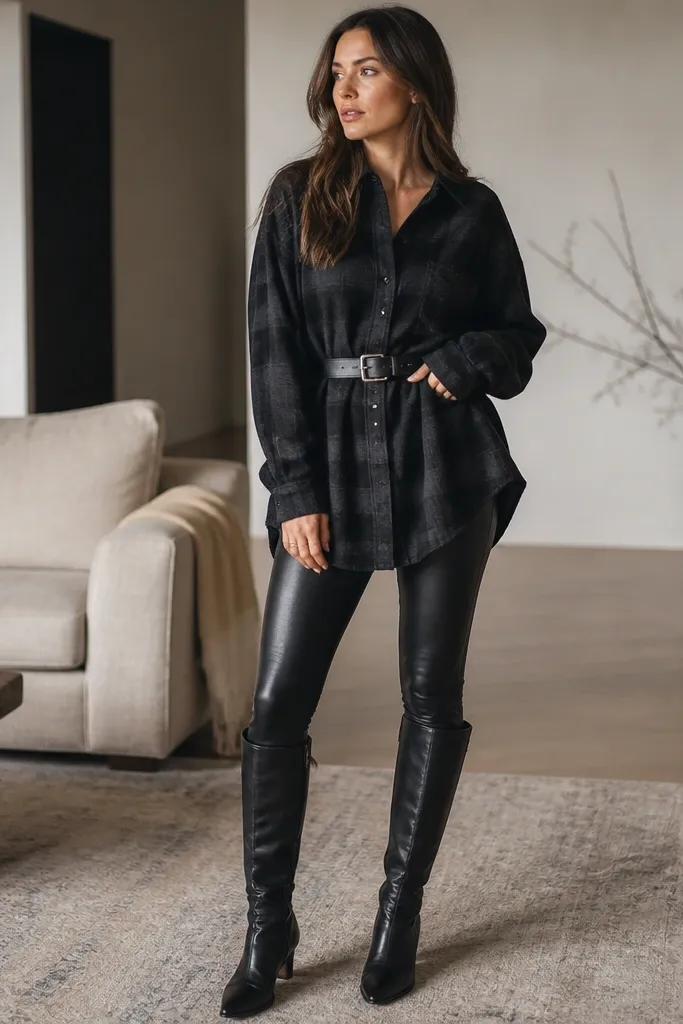 A black-on-charcoal flannel shirt worn slightly oversized but belted at the waist, paired with leather-look leggings and tall black boots; the shirt hem falls over the hips.