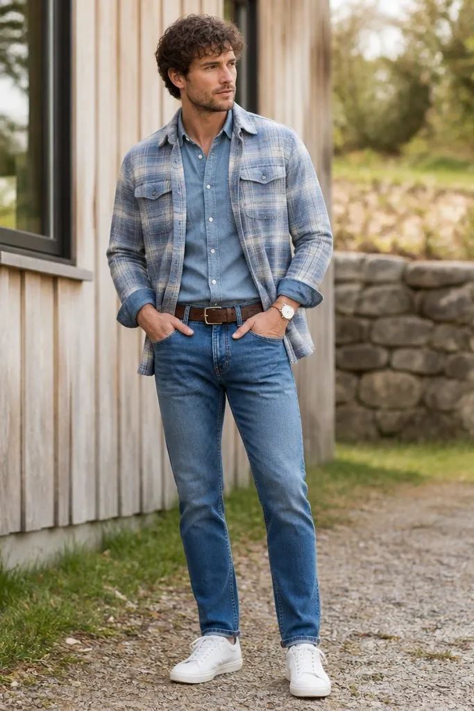 A light blue plaid flannel worn as a button-up over a chambray shirt, tucked into mid-rise jeans with a visible belt; the outfit includes white sneakers and a simple watch.