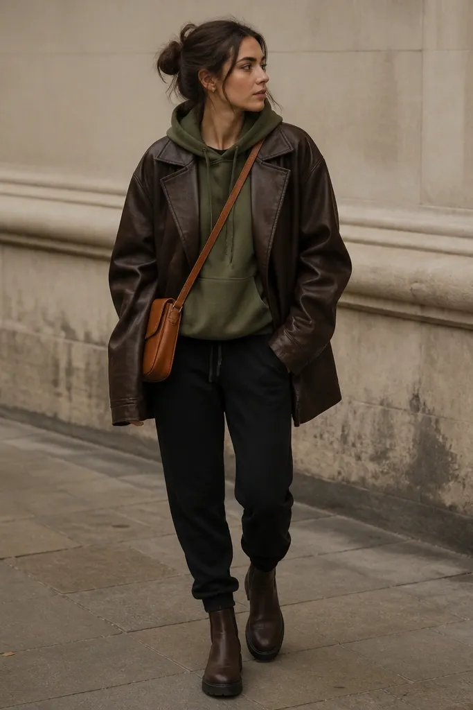 An oversized brown leather jacket is worn open over an olive green hoodie. The pants are black tapered joggers, with dark brown boots and a crossbody bag in cognac leather.