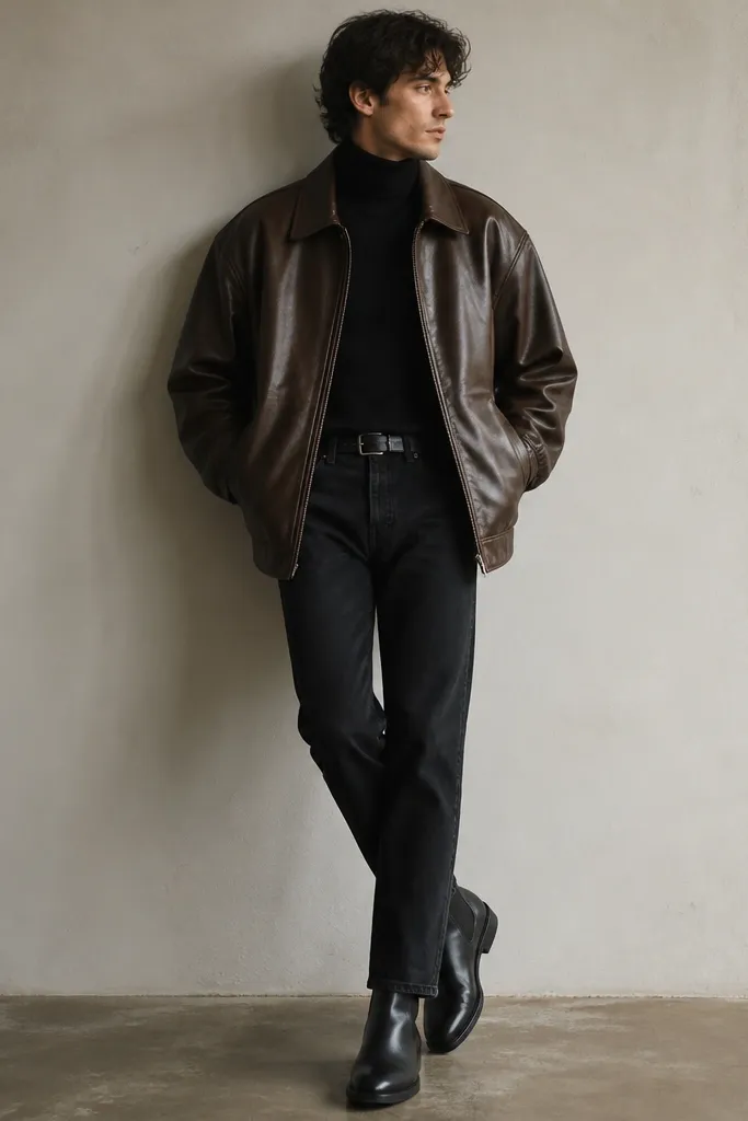 A model wears an oversized brown leather jacket over a fitted black turtleneck. The outfit is monochrome with black selvedge-style jeans, black Chelsea boots, and a minimal black belt at the waist.