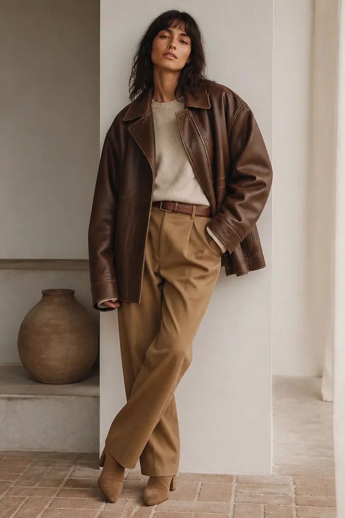 An oversized medium-brown leather jacket is styled with camel-brown trousers and a light beige crewneck. The model wears tan suede ankle boots and a brown leather belt, with the jacket sleeves slightly over the hands.