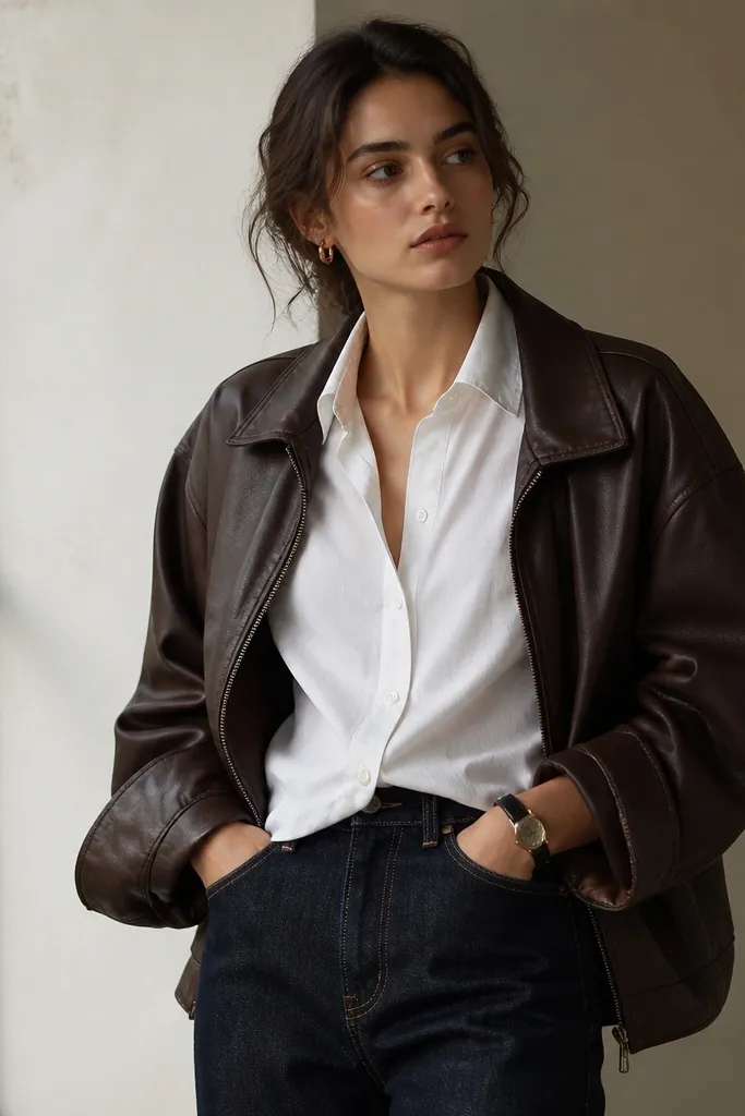 A model wears an oversized chocolate-brown leather jacket open over a crisp white button-down shirt. The shirt is partially tucked, paired with dark-wash jeans and a simple watch; the look is clean and sharp.