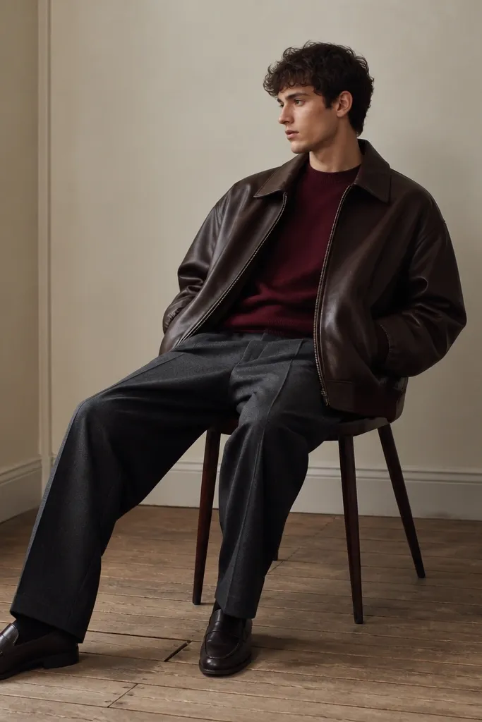 An oversized brown leather jacket covers a burgundy crewneck sweater. The pants are charcoal trousers, and the shoes are dark leather loafers. The jacket’s front is unzipped, showing a clean color pairing.