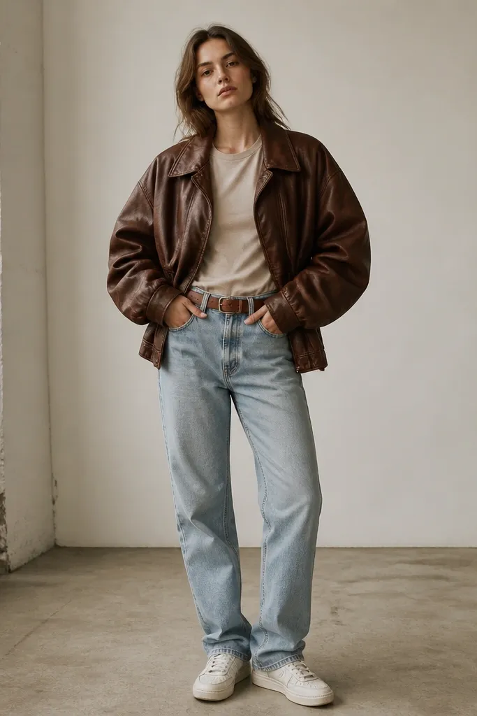 A model wears an oversized brown leather jacket over a beige graphic-free tee. Light-wash denim jeans and a brown belt are visible, with the jacket cinched slightly at the waist and white sneakers.