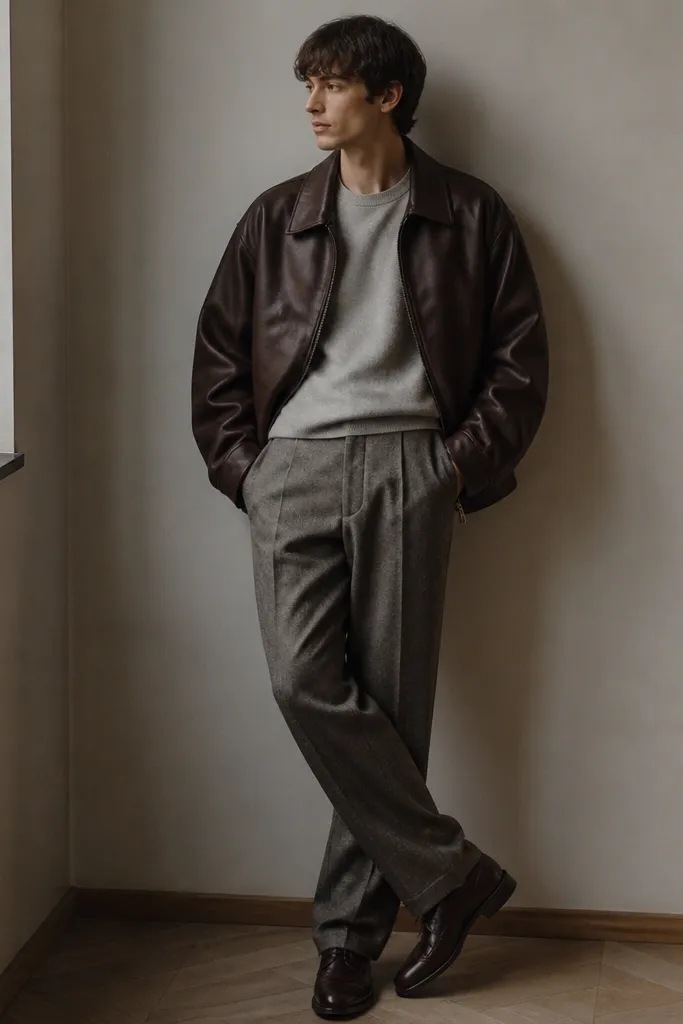 An oversized brown leather jacket is worn over a light gray crewneck. The pants are wool trousers in warm gray with a subtle texture, and the shoes are dark brown leather oxfords.