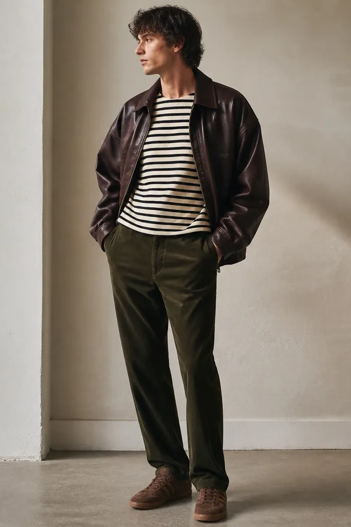 A model wears an oversized brown leather jacket open over a black-and-cream striped tee. The pants are dark olive corduroy with a straight fit, and the shoes are brown suede sneakers.