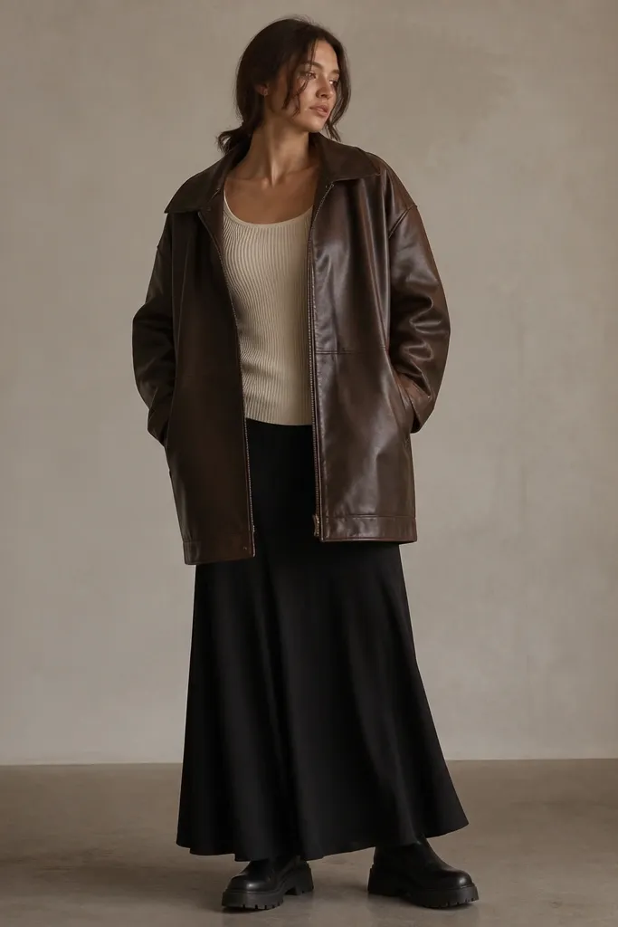 An oversized brown leather jacket worn open with a ribbed cream tank. The skirt is a long black maxi with a subtle flow, and the shoes are black chunky boots. The jacket hem covers the top portion of the skirt.