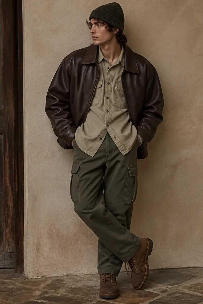 A model wears an oversized brown leather jacket over a light khaki utility shirt with chest pockets. The pants are olive cargo pants, and the shoes are rugged brown hiking-style boots. A simple beanie sits on top.