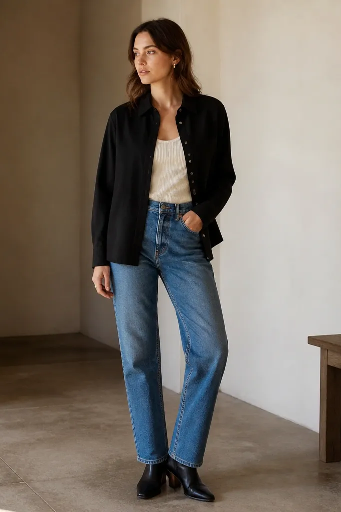 A black button-down worn open over a cream ribbed knit tank, with straight-leg medium-wash jeans and black leather ankle boots. The collar sits flat, and the shirt hem is slightly curved at the sides.