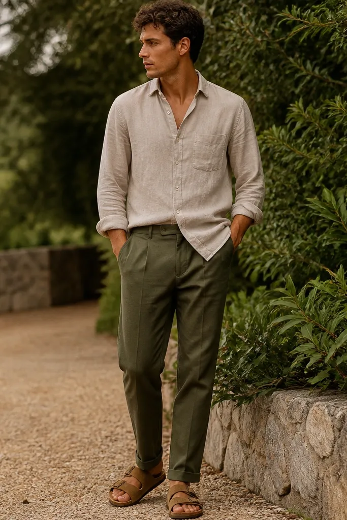 A beige linen button-down worn half-tucked over olive trousers, with suede tan sandals. The shirt has visible linen texture and slightly rumpled natural folds, styled outdoors near greenery.