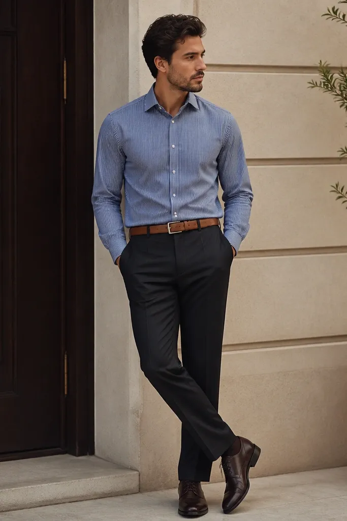 A navy micro-striped button-down with the collar crisp, worn with dark trousers and a camel leather belt. Dark brown derby shoes and a tidy, full tuck at the front.