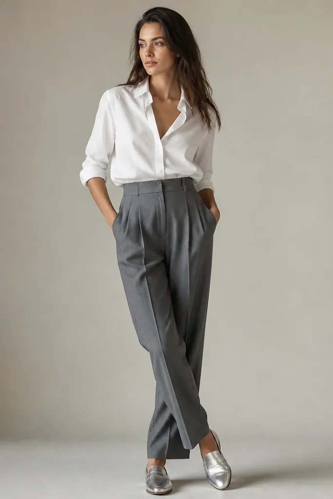 A white button-down with sleeves rolled, paired with high-waisted gray pleated trousers and metallic silver loafers. The outfit is styled on a neutral studio background with clean styling.