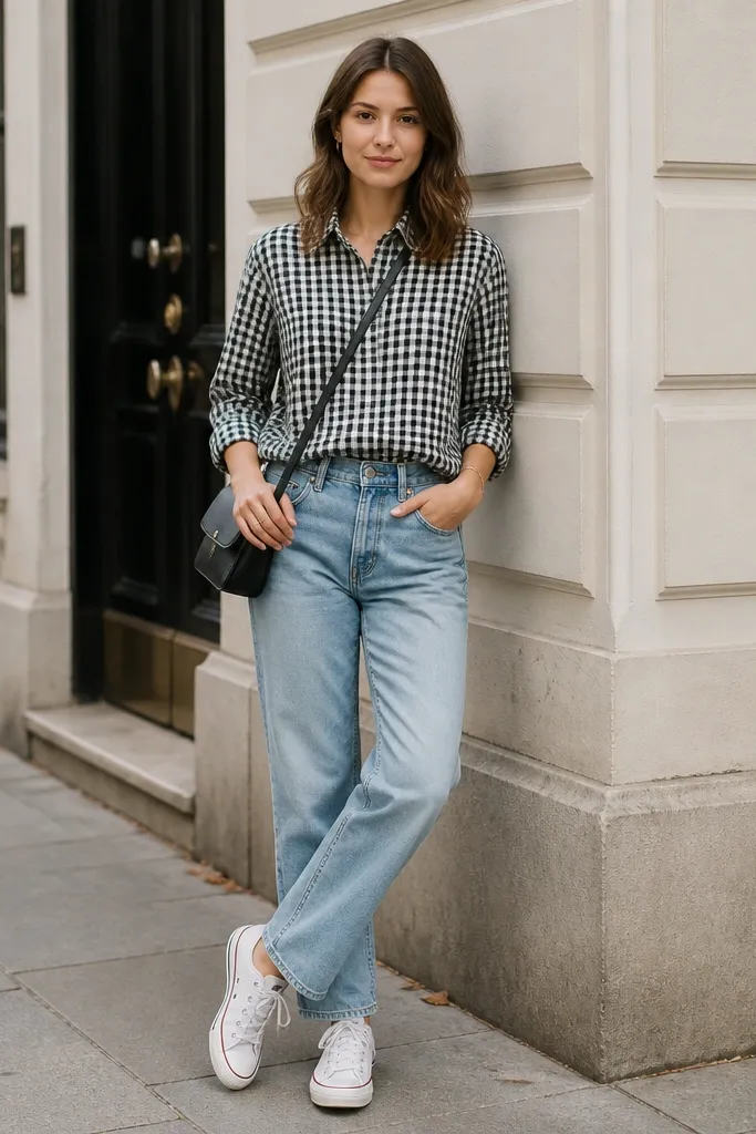 A black-and-white gingham button-down worn buttoned with sleeves slightly rolled, paired with light wash jeans and white canvas sneakers. The look is casual but neatly framed, with a small crossbody bag.
