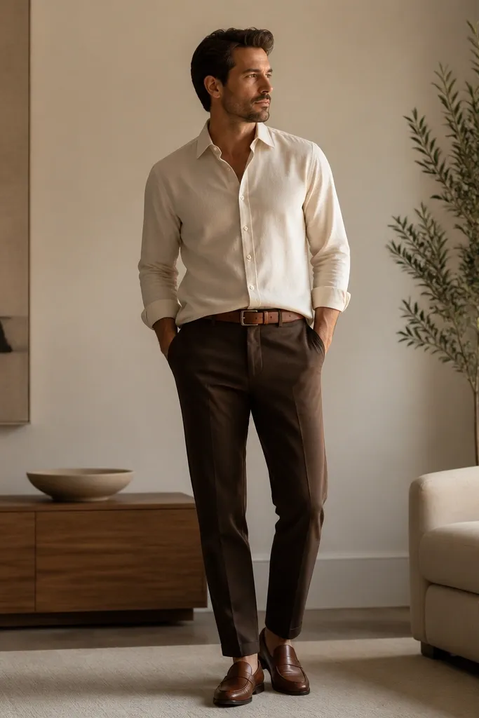 A cream button-down with the top button open, half-tucked into chocolate brown chinos. Cognac belt, minimal shoes in matching warm brown, and a soft indoor lighting shot.