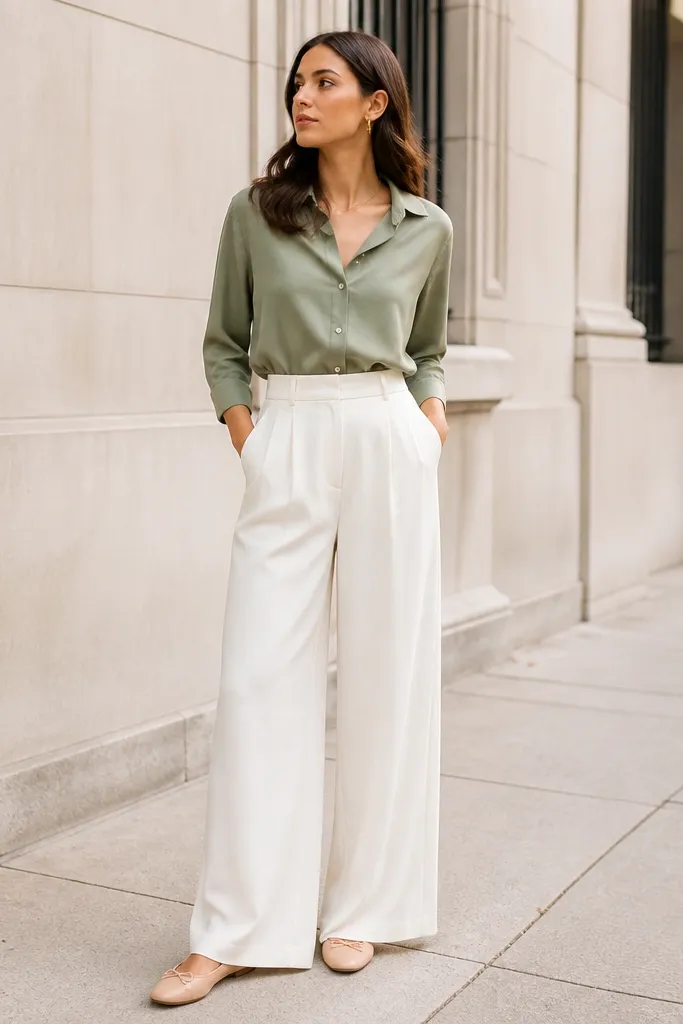A sage green button-down worn tucked into high-waisted white wide-leg pants, with nude ballet flats. The shirt is buttoned up to the second button and photographed on a bright sidewalk.