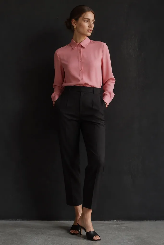 A rose pink button-down worn fully buttoned, tucked into black tapered trousers. Black heeled mules and a small gold hoop accessory. The outfit is shot against a dark wall for contrast.