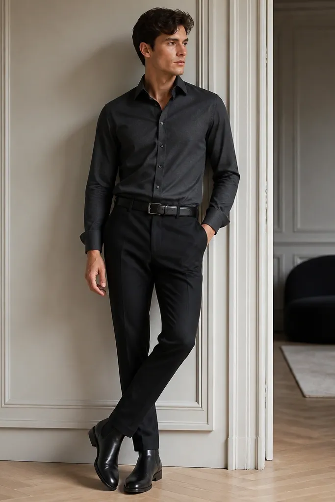 A charcoal button-down fully tucked into dark trousers, with a black leather belt and black Chelsea boots. The collar is crisp, and the sleeves are neat with a slight cuff.