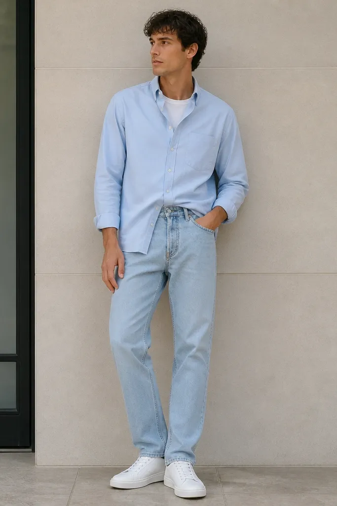 A powder blue button-down with the top button undone, worn with light wash straight-leg jeans and clean white low-top sneakers. A white crew tee peeks from underneath at the collar area, and the shirt is half-tucked at the front.
