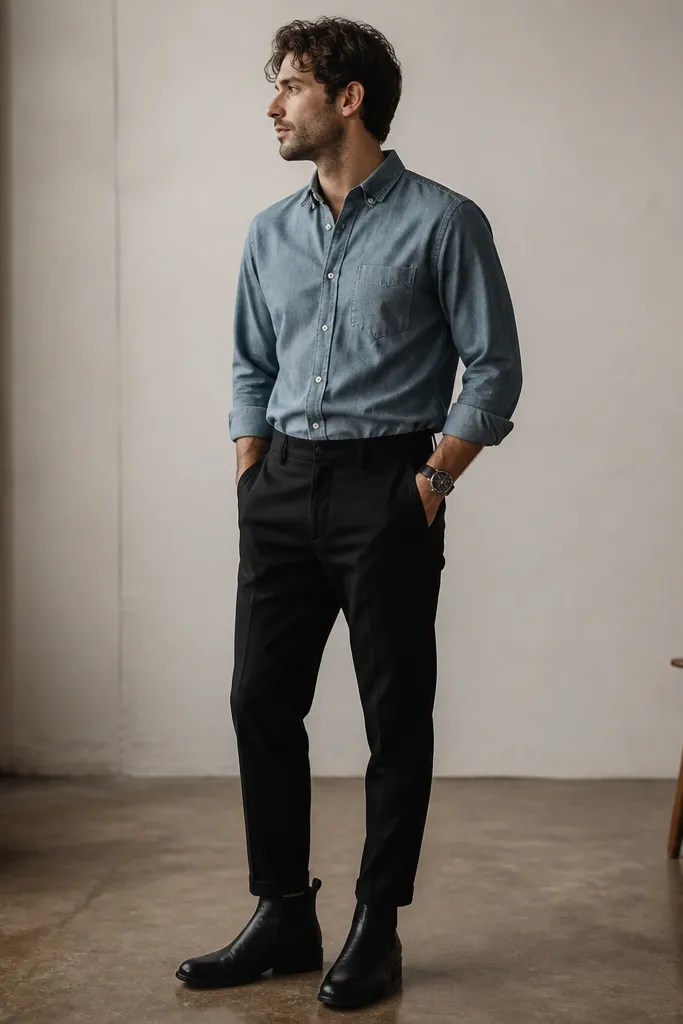 A faded chambray button-down worn tucked into black tapered trousers, paired with black Chelsea boots. The collar is neat, the shirt fabric looks slightly textured, and a dark leather watch sits against the cuff.