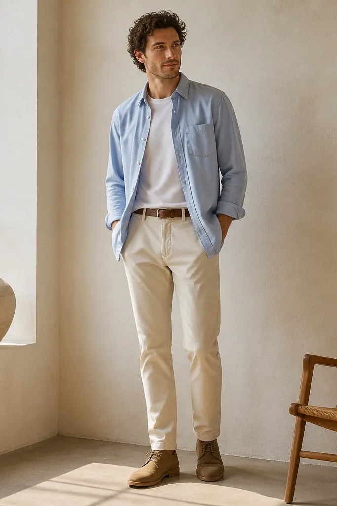 A sky blue overshirt layered over a plain white tee, worn with cream chinos and a brown belt. Suede desert boots complete the look, and the overshirt is left unbuttoned with the hem hanging over the waistband.