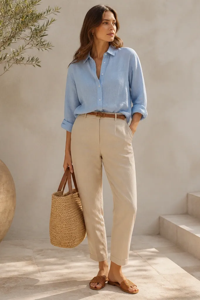 A light blue linen button-down with visible natural texture, worn tucked into beige tapered pants. Woven belt sandals and a straw-look tote appear in the frame, with the shirt sleeves loosely rolled.