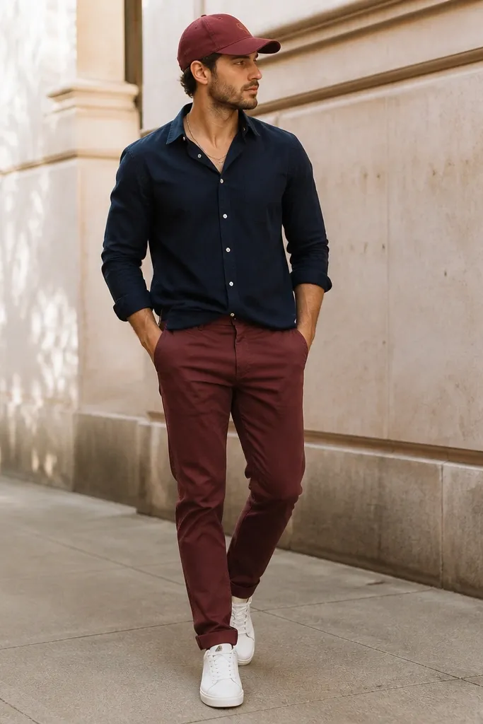 A navy button-down worn half-tucked over burgundy chinos, with clean white sneakers. A burgundy cap matches the chinos, and a simple silver chain sits at the neckline.