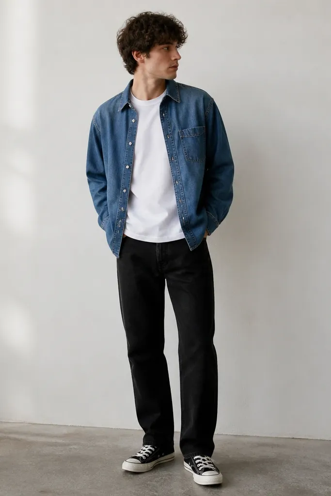 A blue denim button-down layered over a plain white tee, worn with black straight jeans. Black-and-white Converse sneakers show on the bottom, and the shirt is left unbuttoned with the hem slightly covering the waistband.