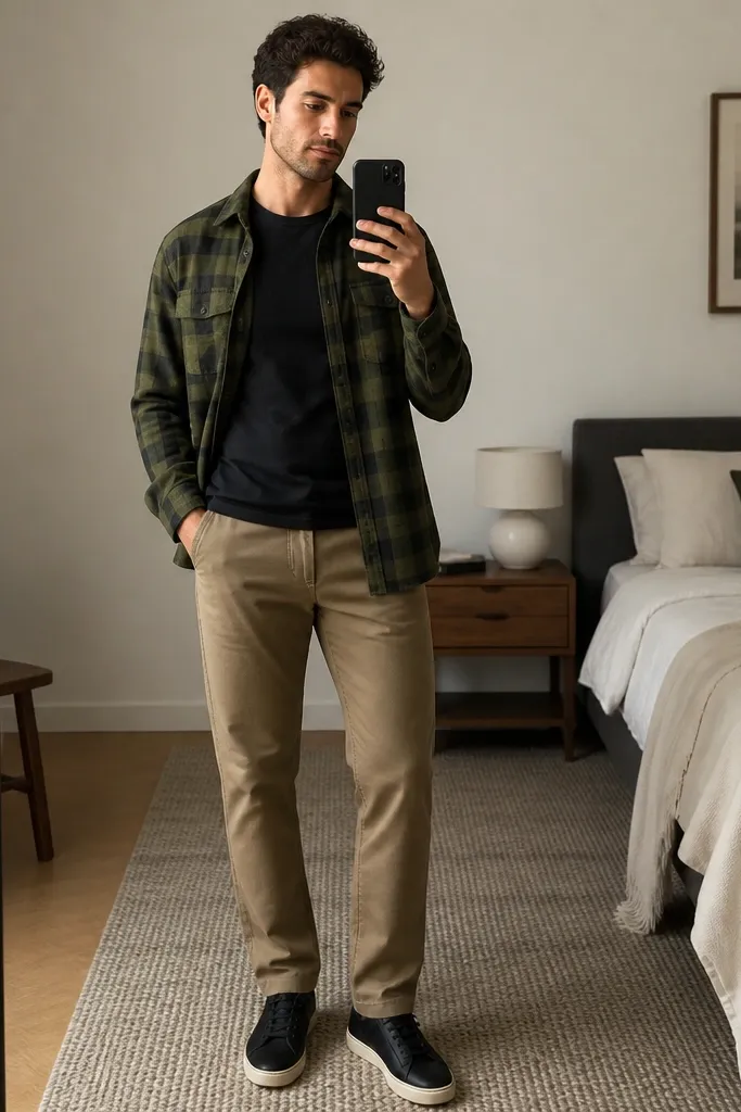 Man in an olive-green plaid flannel worn open like an overshirt over a fitted black crew-neck tee. Straight-leg khaki chinos and black sneakers. Minimal accessories, clean mirror selfie framing.