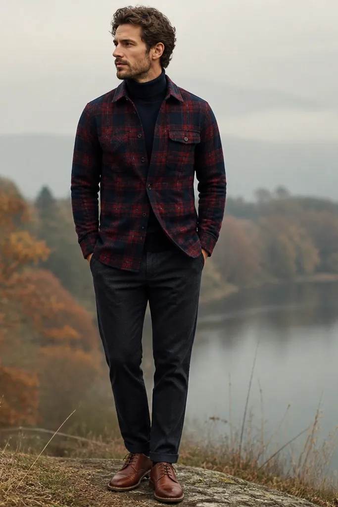 Man wearing a red-and-navy plaid flannel layered over a navy turtleneck. The flannel is partially buttoned and the fit is tailored. Brown leather derby shoes and dark trousers. Outdoor background with muted autumn tones.