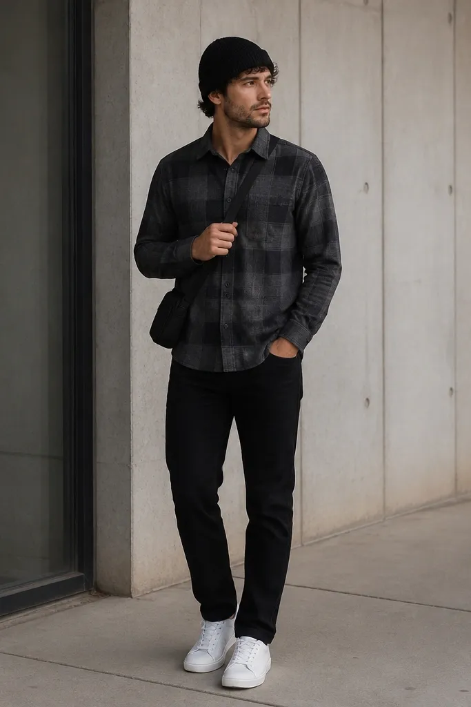 Man in a charcoal-gray plaid flannel button-up, worn untucked but with a neat hem. Black jeans and clean low-top white sneakers. Simple black beanie and a dark crossbody bag.