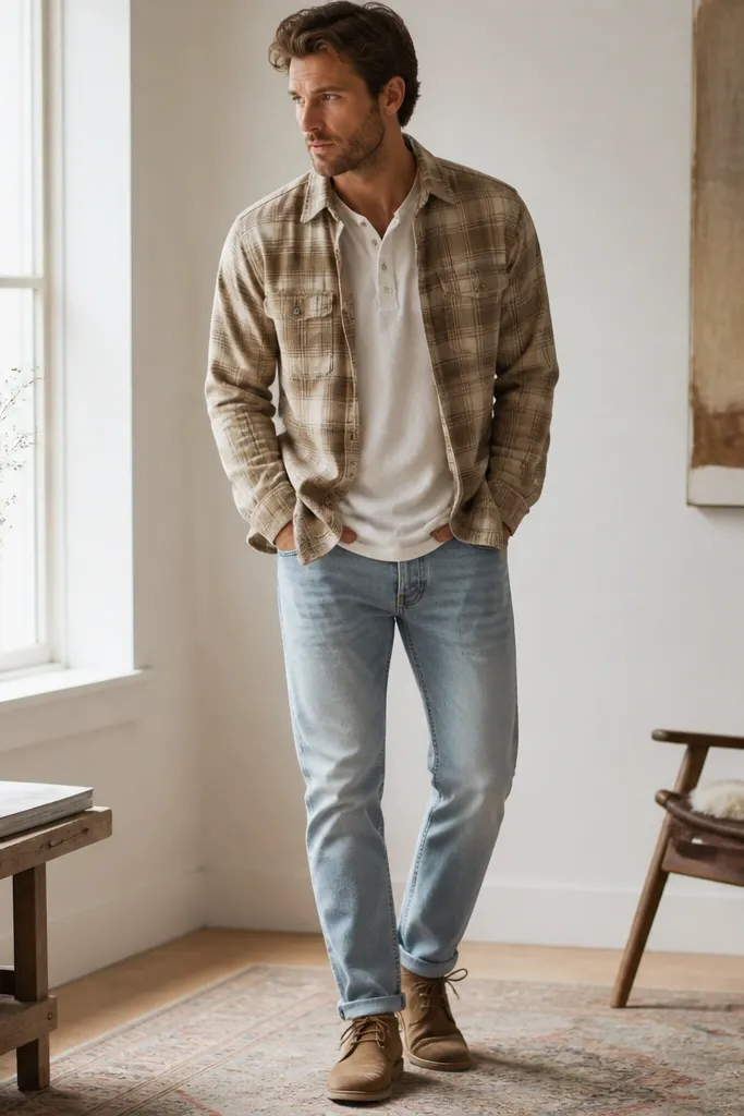 Man wearing a beige plaid flannel over a white henley. Light-wash tapered jeans and tan suede chukka boots. The flannel is worn open with the henley collar visible.