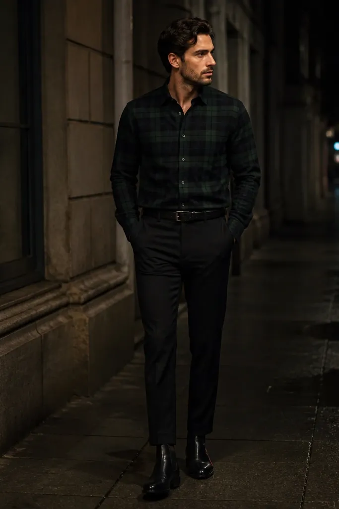 Man in a blackwatch plaid flannel (green/black with subtle lines) tucked into black tapered trousers. Black Chelsea boots. Outfit is styled with a belt that matches the boots. Night street setting.
