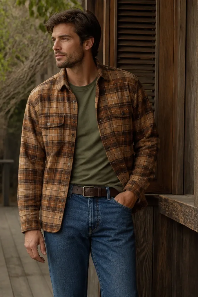 Man wearing a warm cognac plaid flannel over an olive green tee. Straight denim in medium indigo and a dark brown leather belt. Outfit is slightly relaxed, standing outdoors near wood textures.