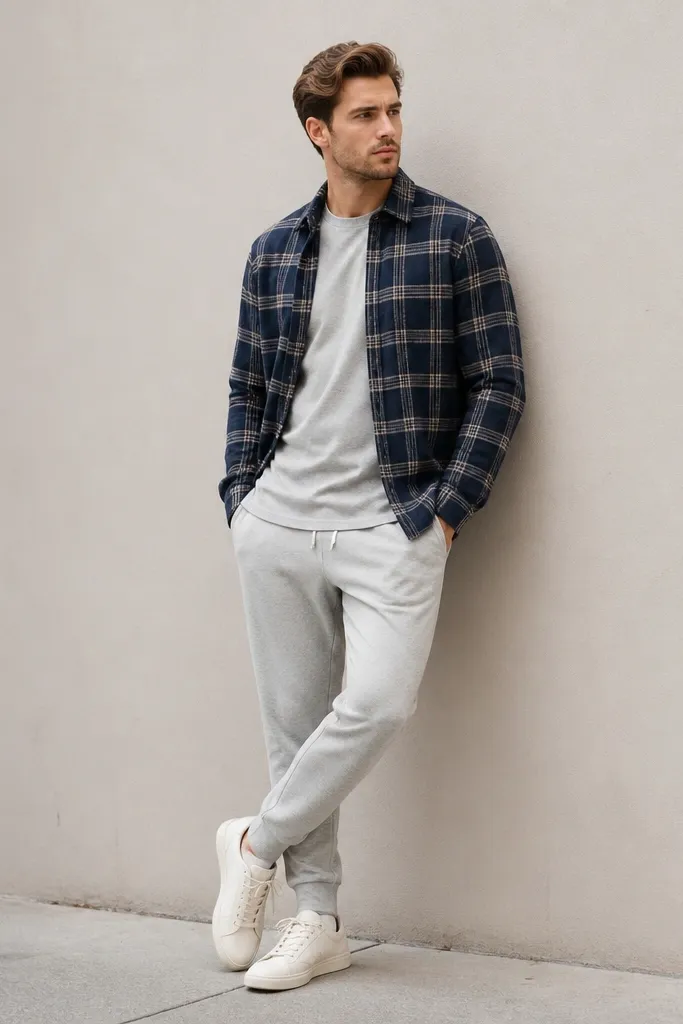 Man wearing a navy plaid flannel open over a gray tee, paired with heather-gray sweatpants. He’s wearing clean leather-look trainers in off-white. Minimal street background, relaxed pose.