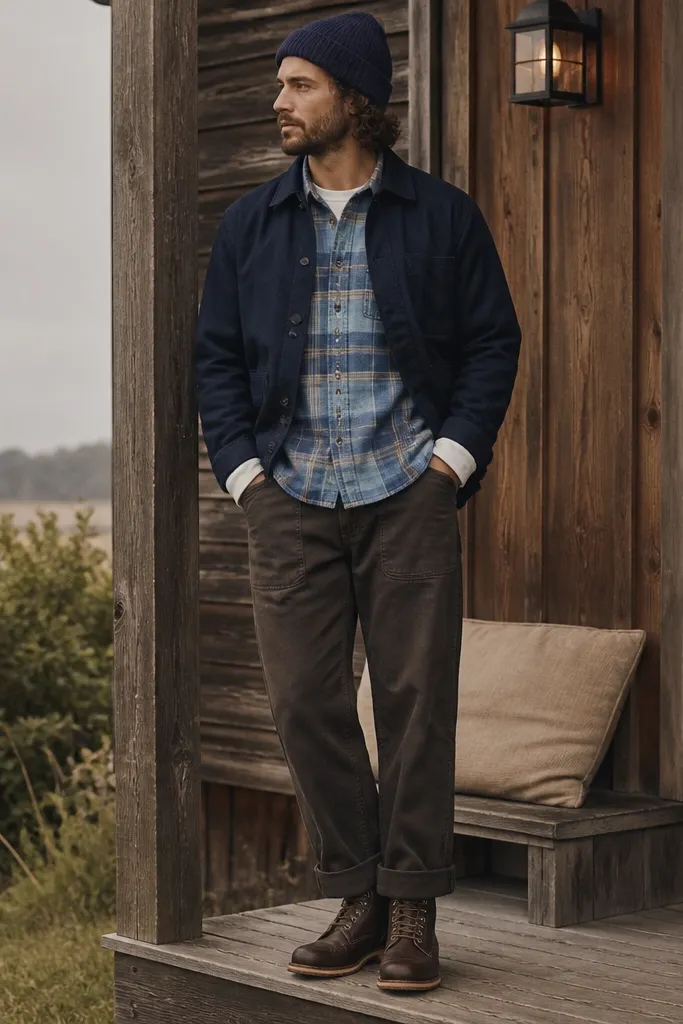 Man layering a light blue plaid flannel under a navy chore jacket. White tee visible at the collar and sleeves. Dark rugged workwear boots and a knit beanie.