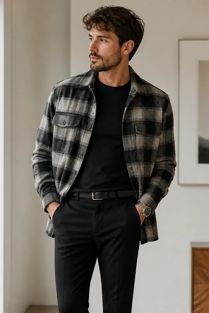 Man wearing a plaid flannel shacket (overshirt length) over a fitted black top. He has slim black trousers with an understated belt and a silver watch. The look is sleek and minimal, indoor lighting.