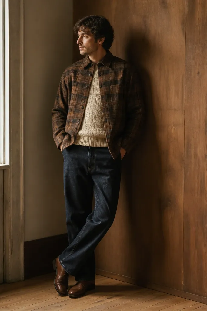 Man wearing a brown plaid flannel layered over a cream sweater vest. Dark denim jeans and brown leather shoes. The flannel is buttoned at the top, vest visible in the center.