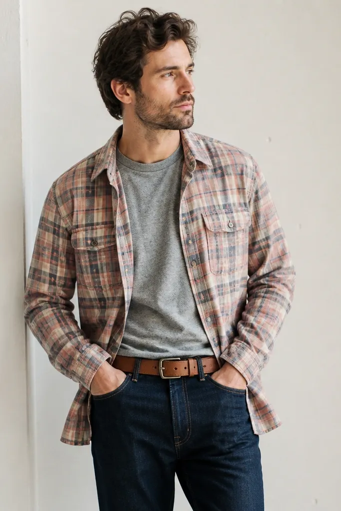 Man wearing a subtle pink-tinted plaid flannel over a heather gray crewneck. Navy straight jeans and a tan leather belt. Light background with natural daylight.