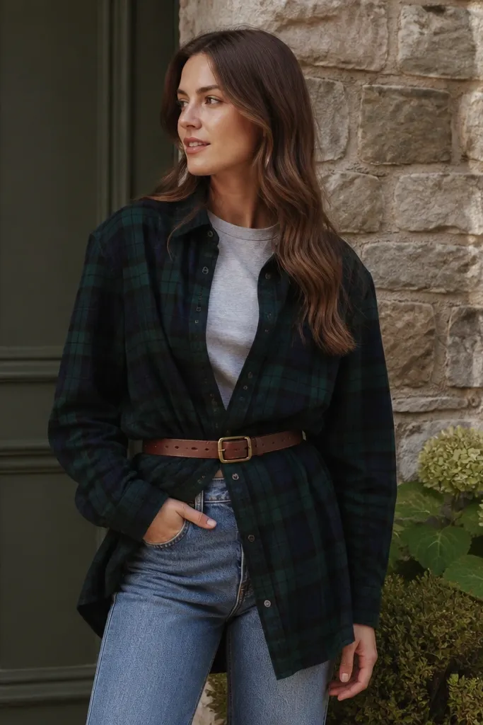 A green-blackwatch plaid flannel button-up worn partially belted at the waist over a light gray tee, with straight mid-wash jeans; a brown leather belt and casual stance outdoors.