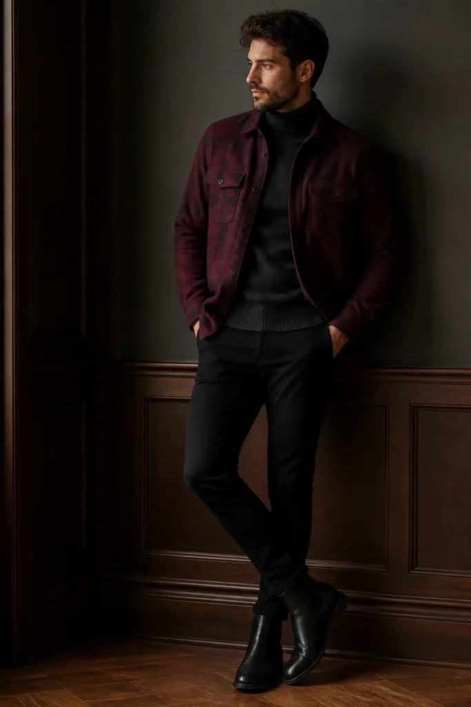 A burgundy flannel shacket layered over a charcoal turtleneck, paired with black skinny trousers and dark leather boots; moody indoor lighting and a sleek, close-to-body look.