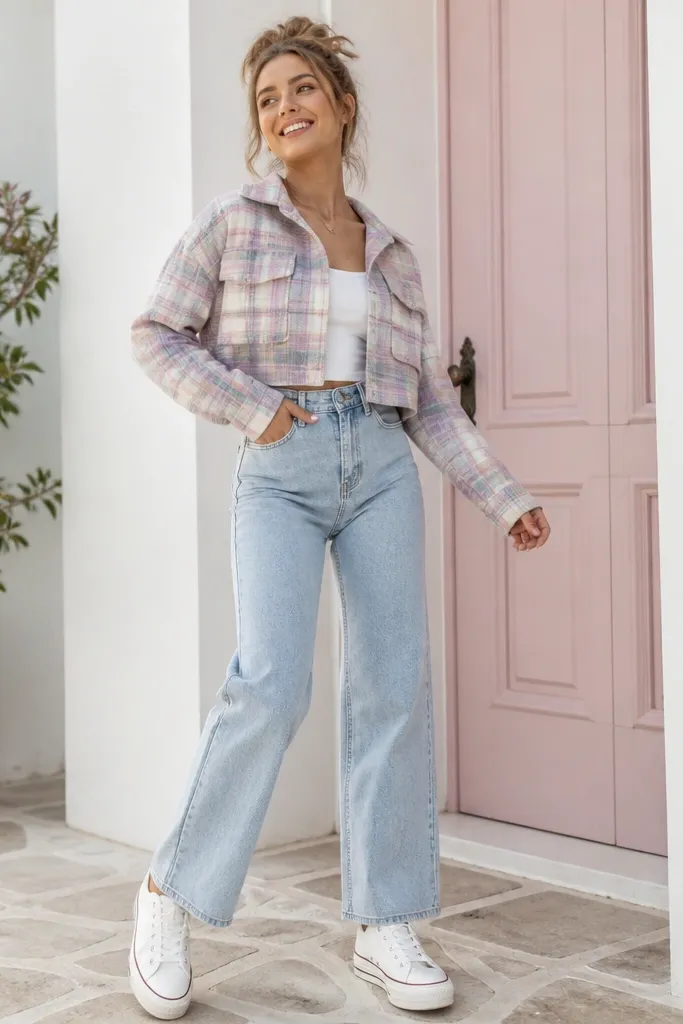 A pastel plaid cropped flannel jacket worn over a white tank, with high-waist light wash jeans and white platform sneakers; bright daylight and a playful, airy vibe.