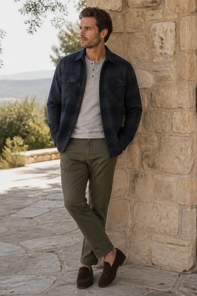 A navy flannel overshirt over a heather gray henley, styled with olive chinos and brown suede loafers; outdoors background with soft shadows.