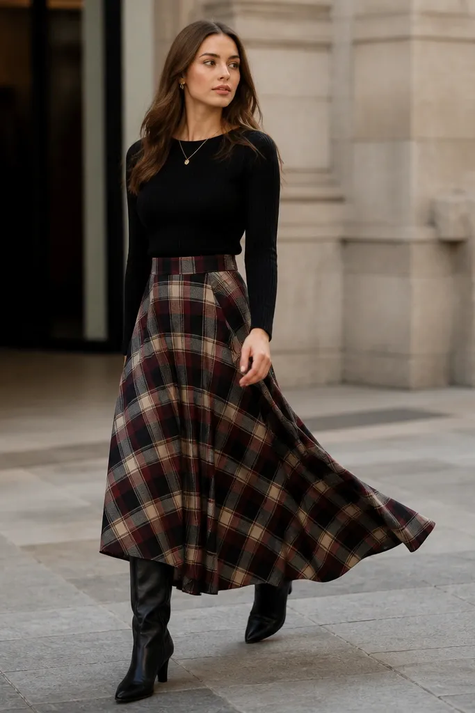 A plaid flannel maxi skirt with a fitted waist paired with a fitted knit top, plus knee-high boots; the skirt moves slightly as the model walks, showing the plaid pattern clearly.