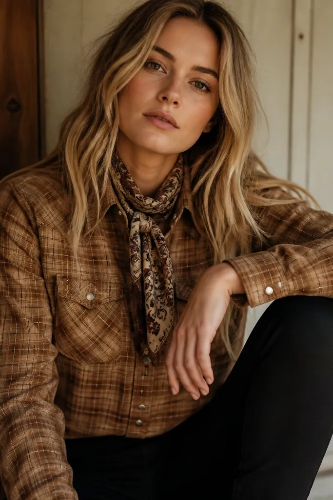 A tan western-style flannel shirt with snap buttons worn over black skinny pants or leggings, with a patterned scarf at the neck; warm tones with a close portrait.