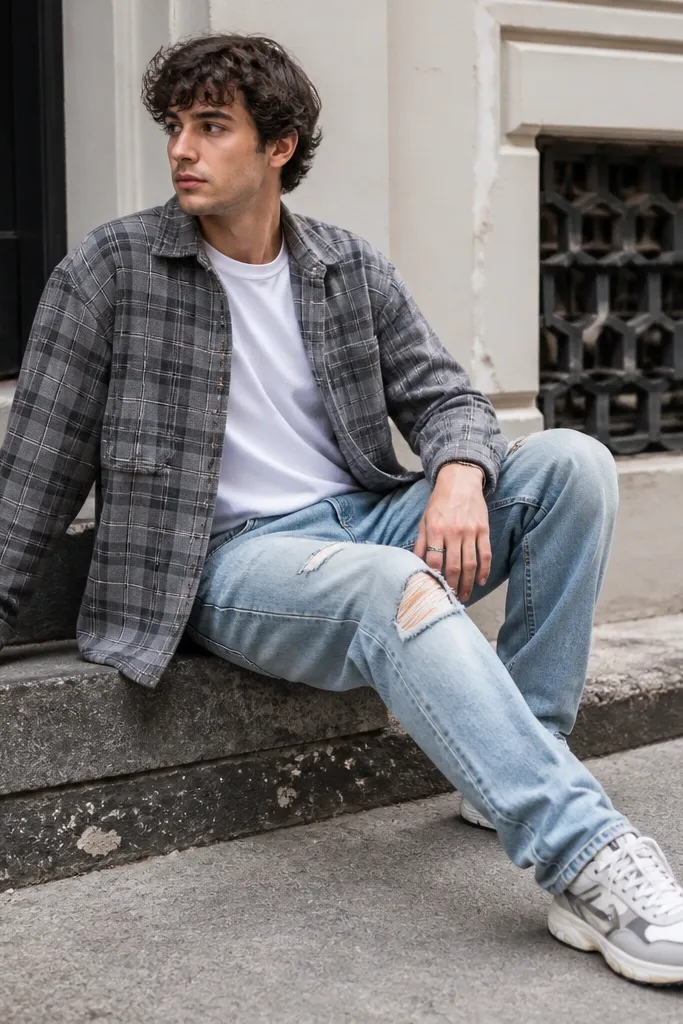 A gray plaid flannel overshirt worn open over a white tee, paired with light wash ripped jeans and chunky sneakers; casual street composition and a relaxed posture.
